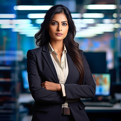 Confident beautiful indian woman banking and finance chief executive officer at work on blured background