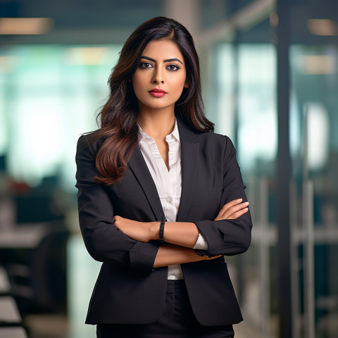 Confident beautiful indian woman banking and finance chief investment officer at work on blured background