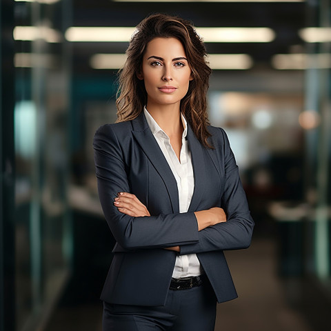 Confident beautiful woman banking and finance chief executive officer at work on blured background