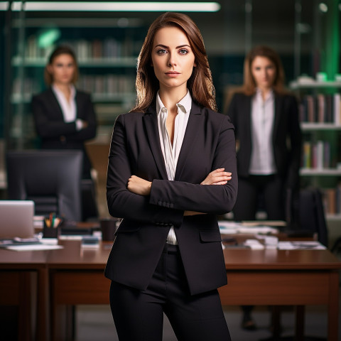 Confident beautiful woman banking and finance chief executive officer at work on blured background