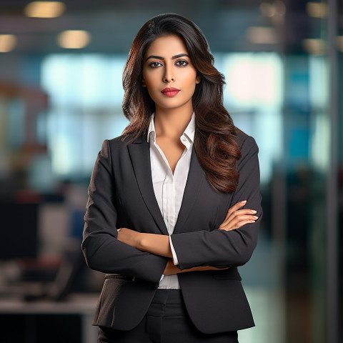 Confident beautiful indian woman banking and finance chief investment officer at work on blured background