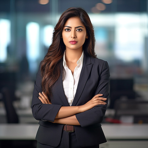 Confident beautiful indian woman banking and finance chief investment officer at work on blured background