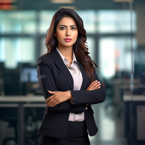 Confident beautiful indian woman banking and finance chief investment officer at work on blured background