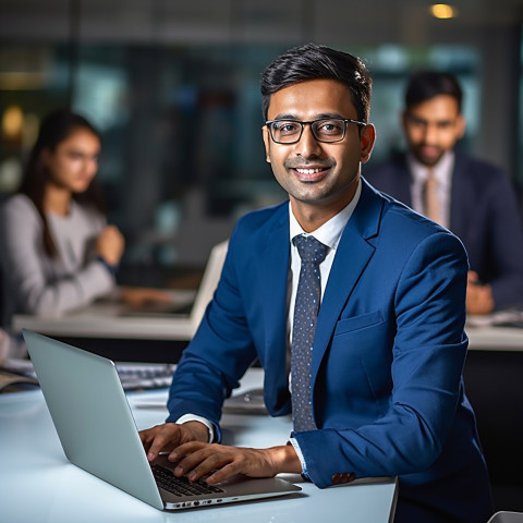 Confident handsome indian man banking and finance client relationship manager at work on blured background