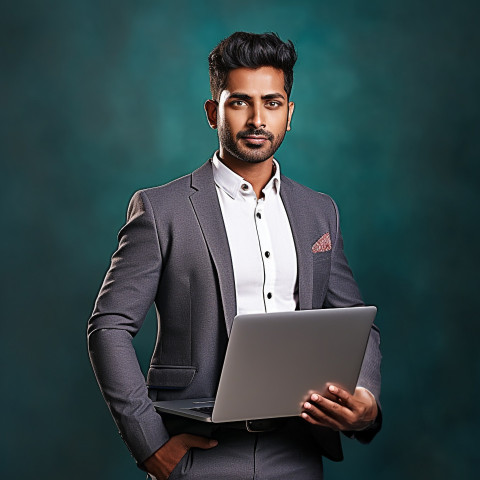 Confident handsome indian man banking and finance client relationship manager at work on blured background