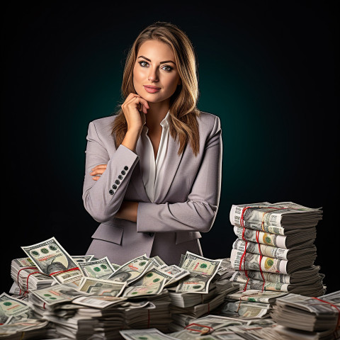 Confident beautiful woman banking and finance cash management specialist at work on blured background