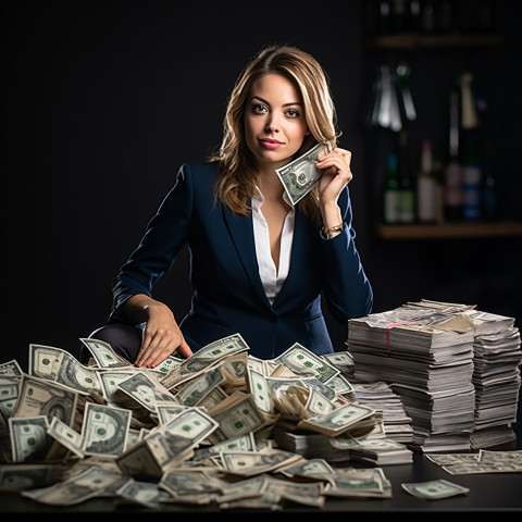 Confident beautiful woman banking and finance cash management specialist at work on blured background