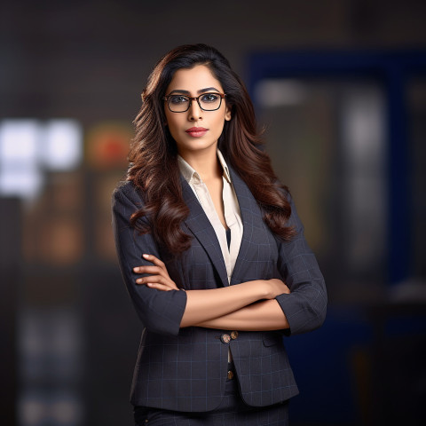 Confident beautiful indian woman banking and finance investment banker at work on blured background