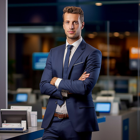 Confident handsome man banking and finance sales representative at work on blured background