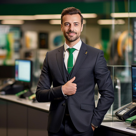 Confident handsome man banking and finance sales representative at work on blured background