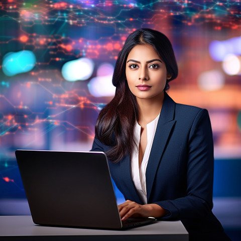 Confident beautiful indian woman banking and finance cybersecurity expert at work on blured background