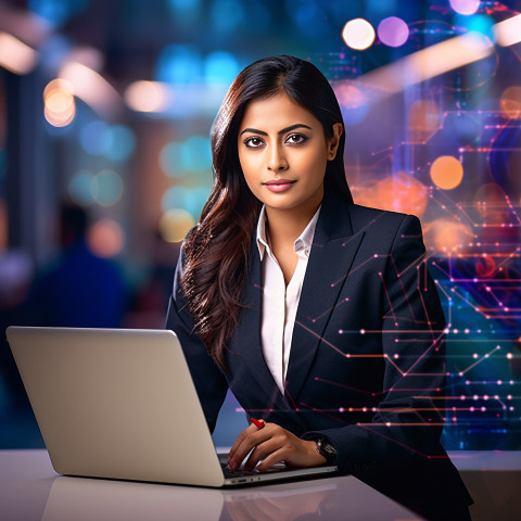 Confident beautiful indian woman banking and finance cybersecurity expert at work on blured background