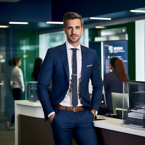 Confident handsome man banking and finance sales representative at work on blured background