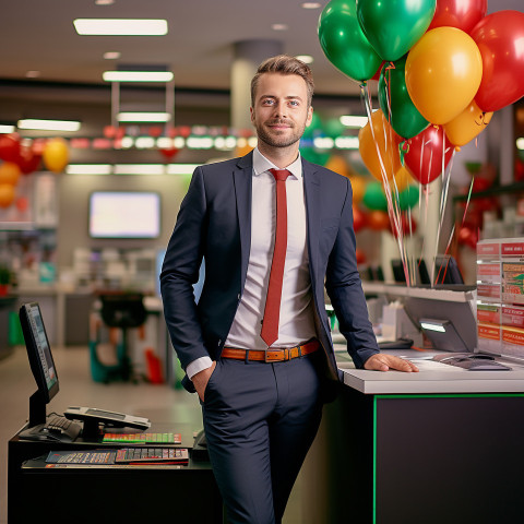 Confident handsome man banking and finance sales representative at work on blured background