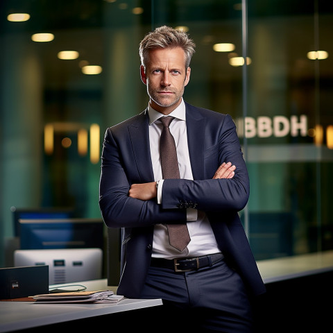 Confident handsome man banking and finance chief risk officer at work on blured background