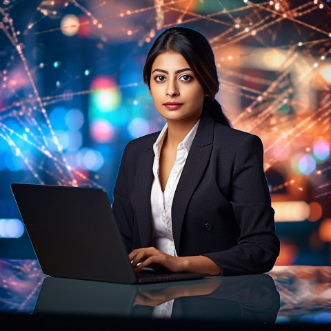 Confident beautiful indian woman banking and finance cybersecurity expert at work on blured background