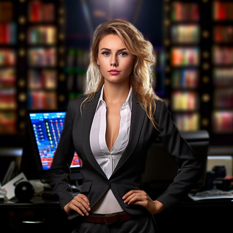 Confident beautiful woman banking and finance investment banker at work on blured background