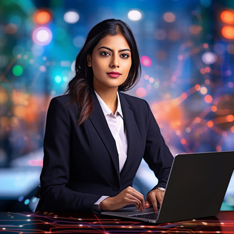 Confident beautiful indian woman banking and finance cybersecurity expert at work on blured background