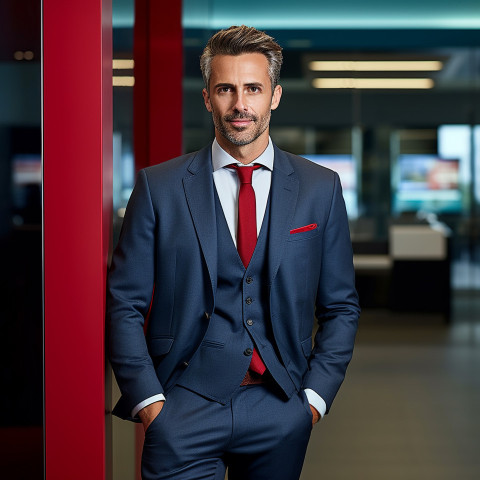 Confident handsome man banking and finance client relationship manager at work on blured background