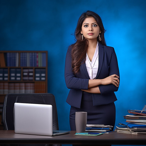 Confident beautiful indian woman banking and finance hr manager at work on blured background