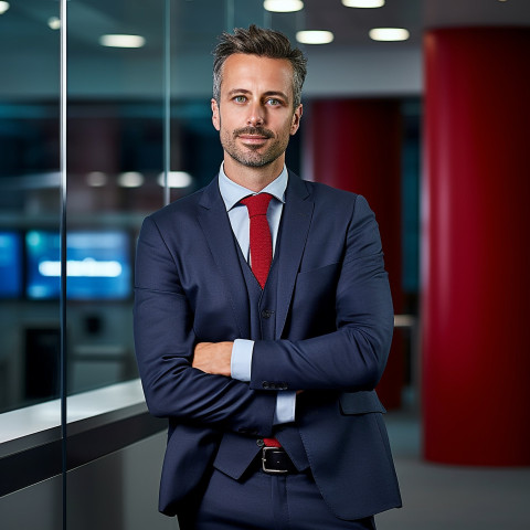 Confident handsome man banking and finance client relationship manager at work on blured background