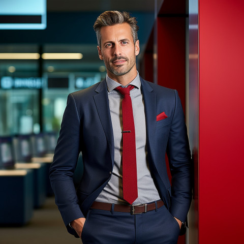 Confident handsome man banking and finance client relationship manager at work on blured background