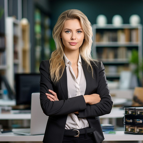 Confident beautiful woman banking and finance marketing manager at work on blured background