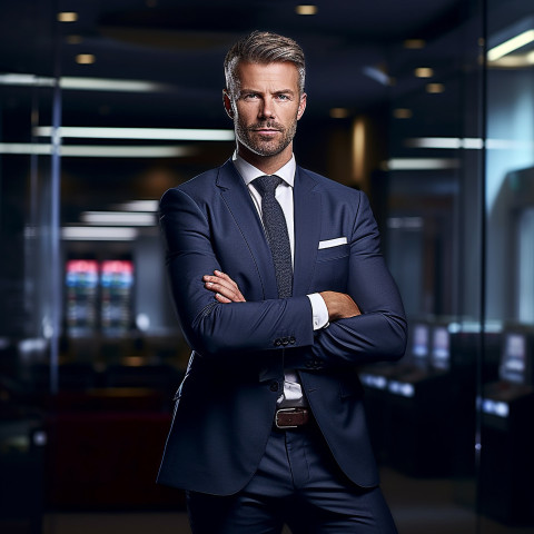 Confident handsome man banking and finance chief financial officer at work on blured background