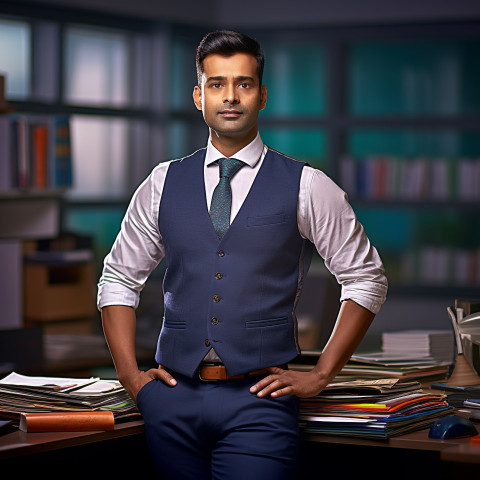 Confident handsome indian man banking and finance administrative assistant at work on blured background