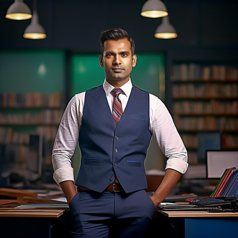 Confident handsome indian man banking and finance administrative assistant at work on blured background