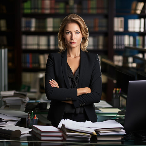 Confident beautiful woman banking and finance chief operating officer at work on blured background