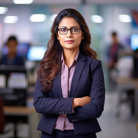 Confident beautiful indian woman banking and finance chief risk officer at work on blured background