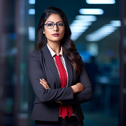 Confident beautiful indian woman banking and finance chief risk officer at work on blured background