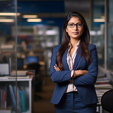 Confident beautiful indian woman banking and finance chief operating officer at work on blured background