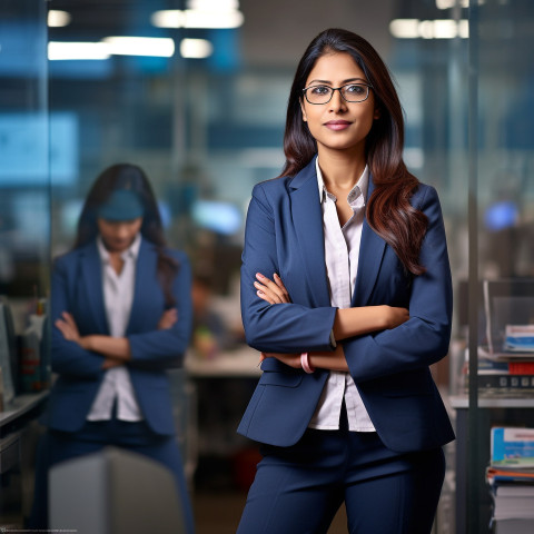 Confident beautiful indian woman banking and finance chief operating officer at work on blured background