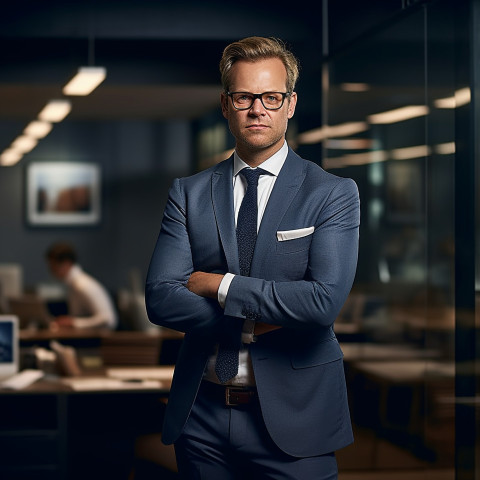 Confident handsome man banking and finance chief investment officer at work on blured background