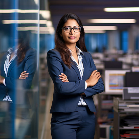 Confident beautiful indian woman banking and finance chief operating officer at work on blured background