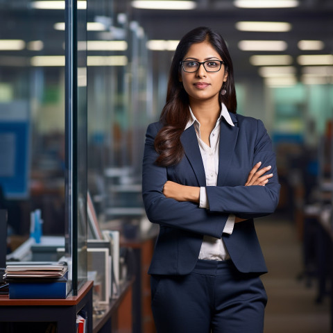 Confident beautiful indian woman banking and finance chief operating officer at work on blured background