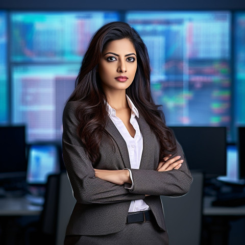 Confident beautiful indian woman banking and finance chief risk officer at work on blured background