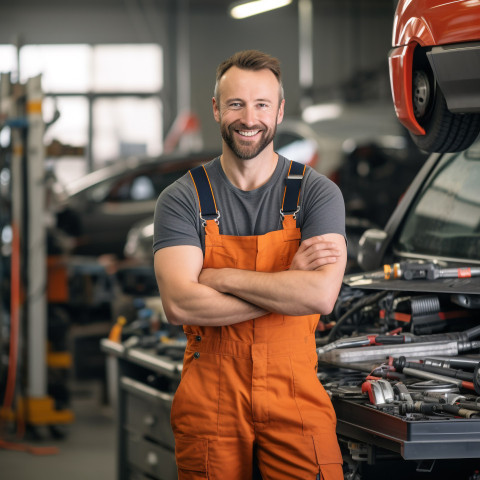 Friendly smiling handsome man mechanic at work blured background