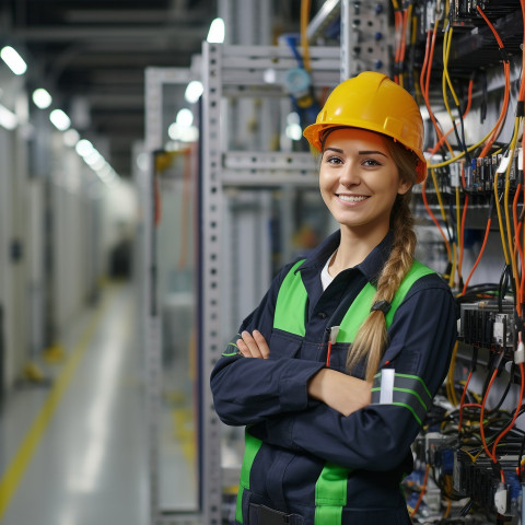 Smiling female automation engineer working blured background