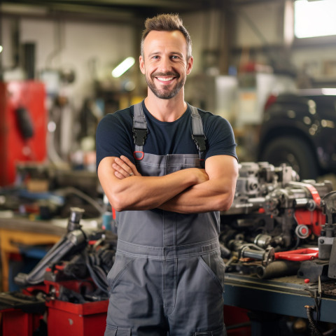 Friendly mechanic working on car blurred background