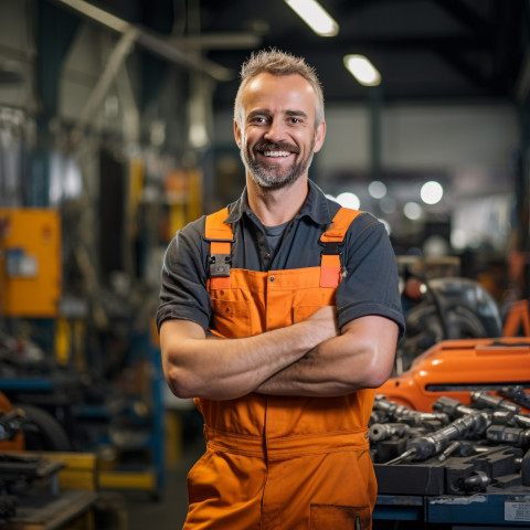 Friendly smiling handsome man mechanic at work blured background