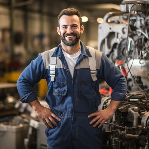 Friendly smiling handsome man mechanic at work blured background