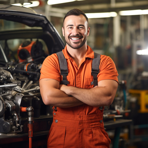 Friendly mechanic working on car blurred background