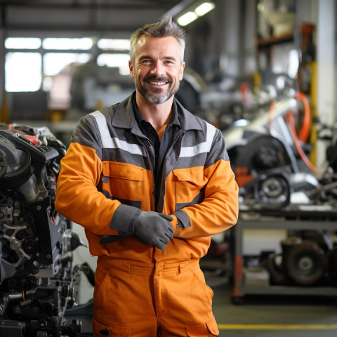 Friendly smiling handsome man mechanic at work blured background