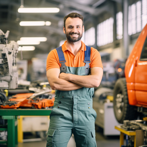 Friendly mechanic working on car blurred background