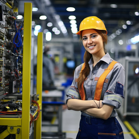 Smiling female automation engineer working blured background