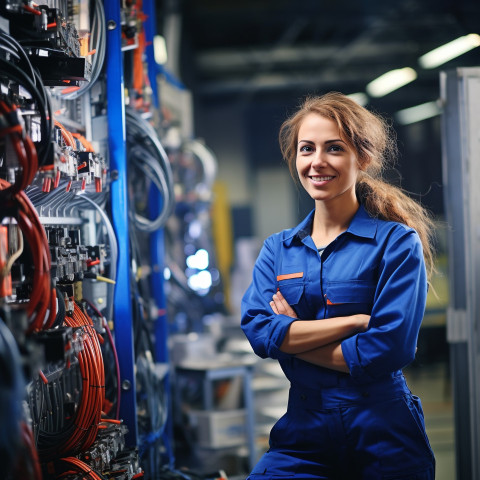 Smiling female automation engineer working blured background