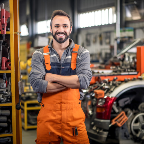 Friendly mechanic working on car blurred background